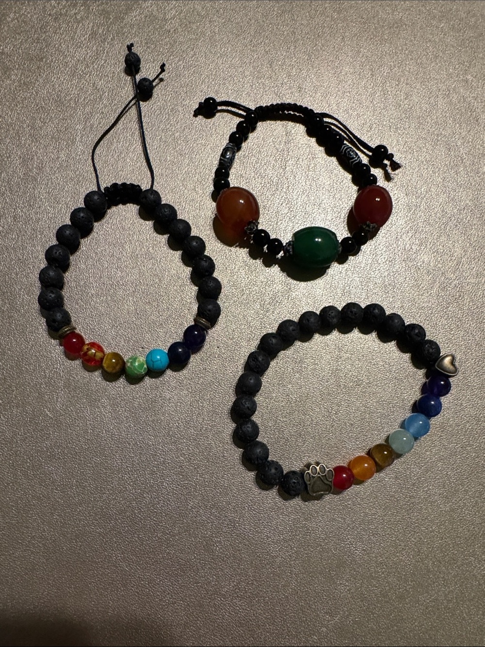3 Handmade Black Lava Bead Bracelets with Multicolor Gem Accents